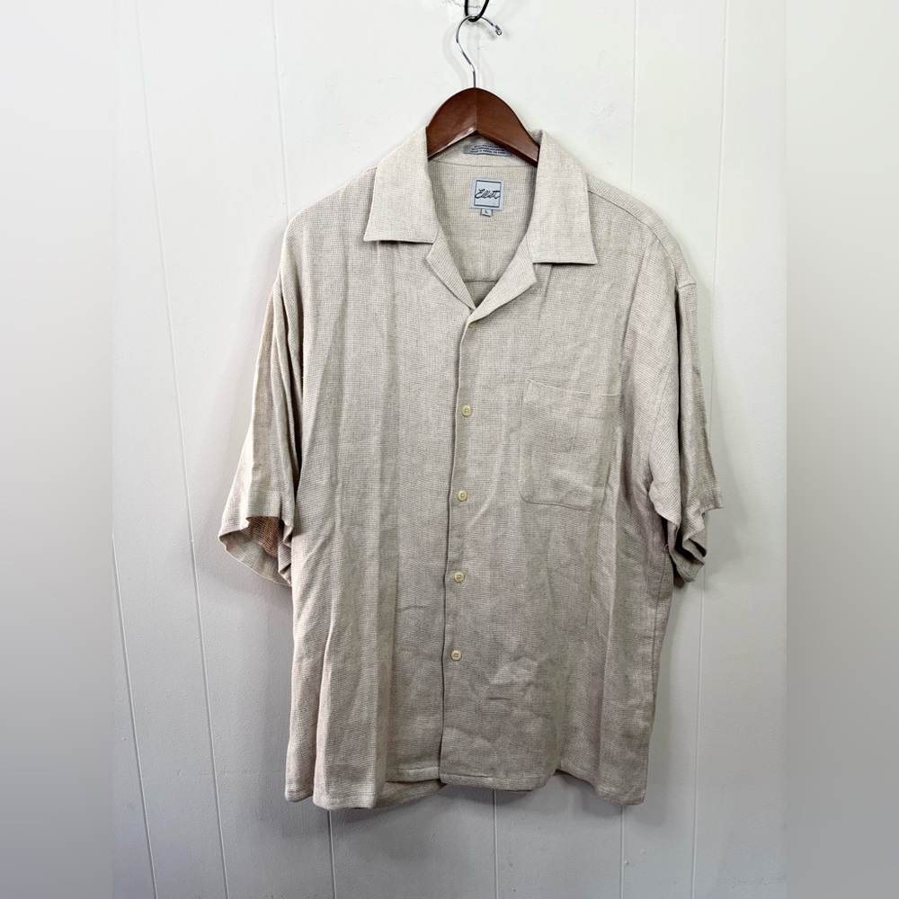 Elliot tan woven knit linen rayon button down shirt size L men’s